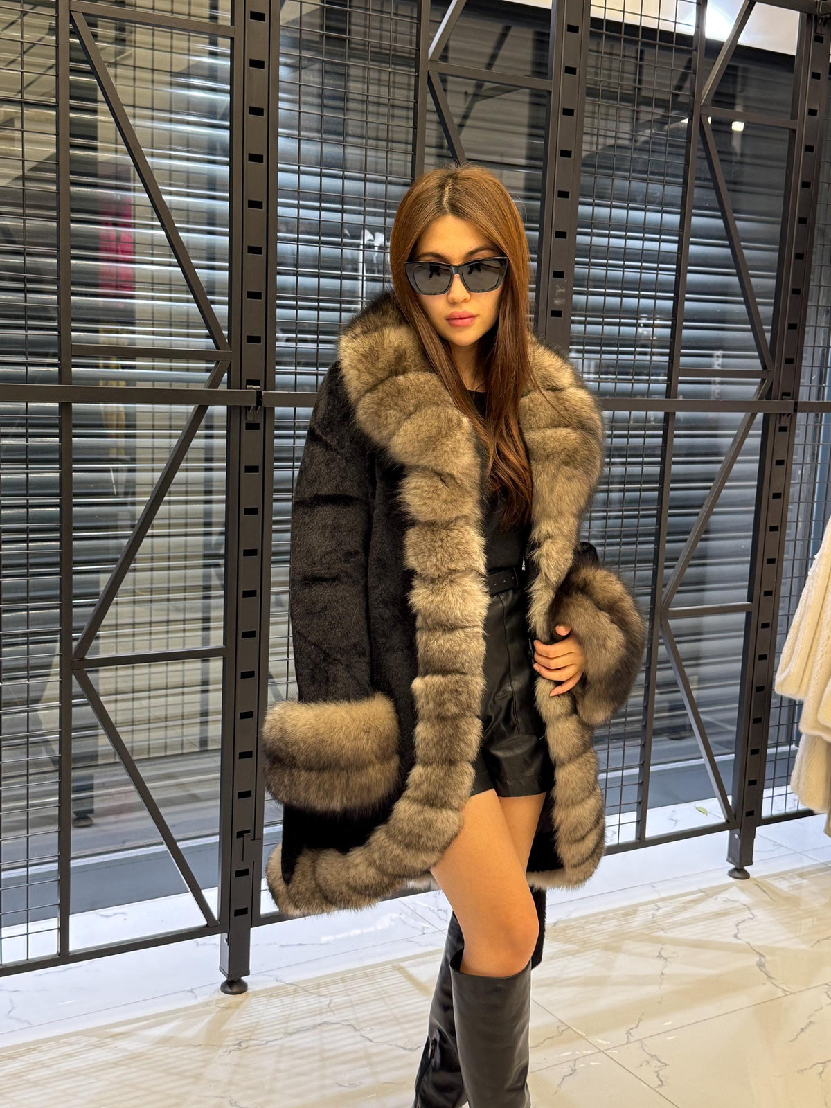 Black Short Fox Fur Trim Alcantara Fabric Coat. Front & Cuffs Brown Fox Fur Jacket