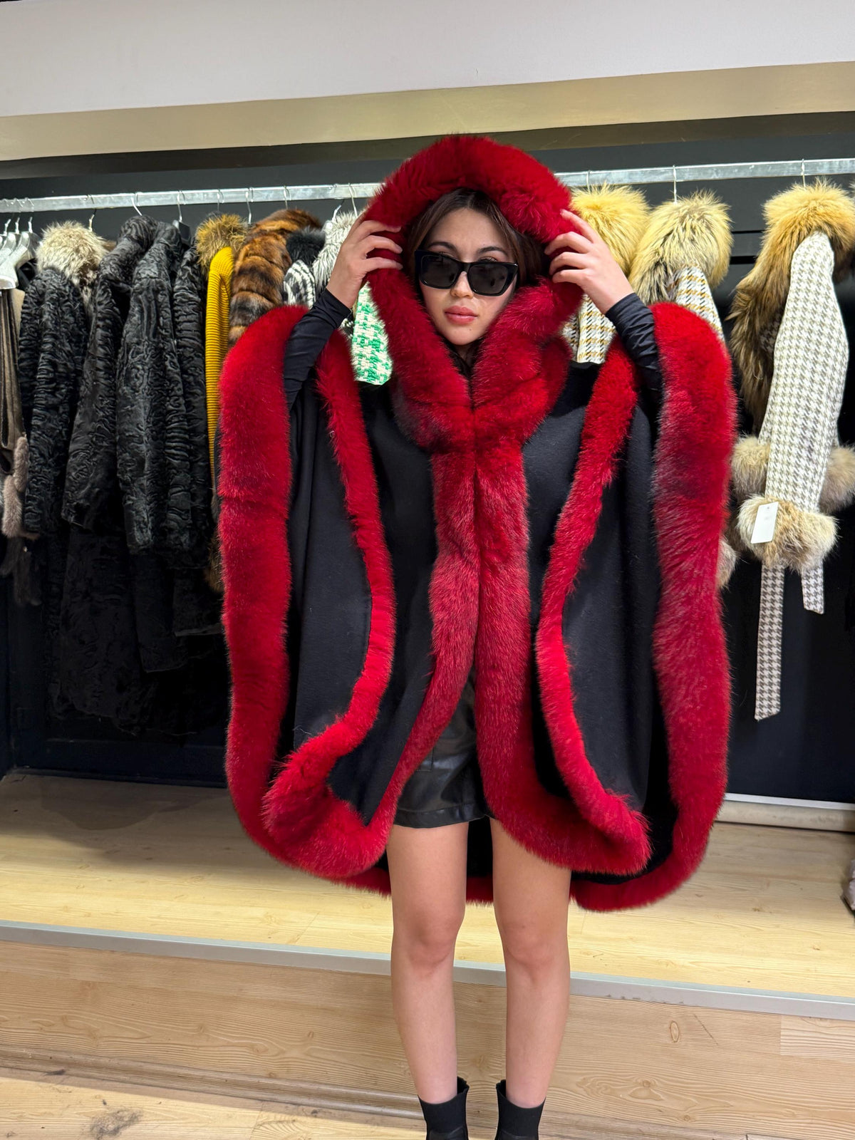 Black Wool Cashmere Cape Coat with Res Fox Fur Trim – Luxury Hooded Winter Wrap, Elegant Oversized Shawl Poncho, Red Fox Fur Cape