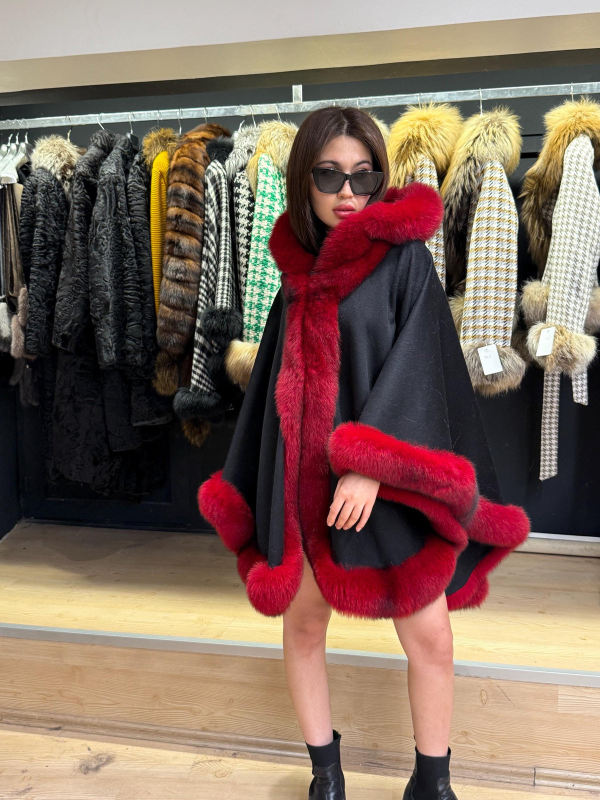 Black Wool Cashmere Cape Coat with Res Fox Fur Trim – Luxury Hooded Winter Wrap, Elegant Oversized Shawl Poncho, Red Fox Fur Cape