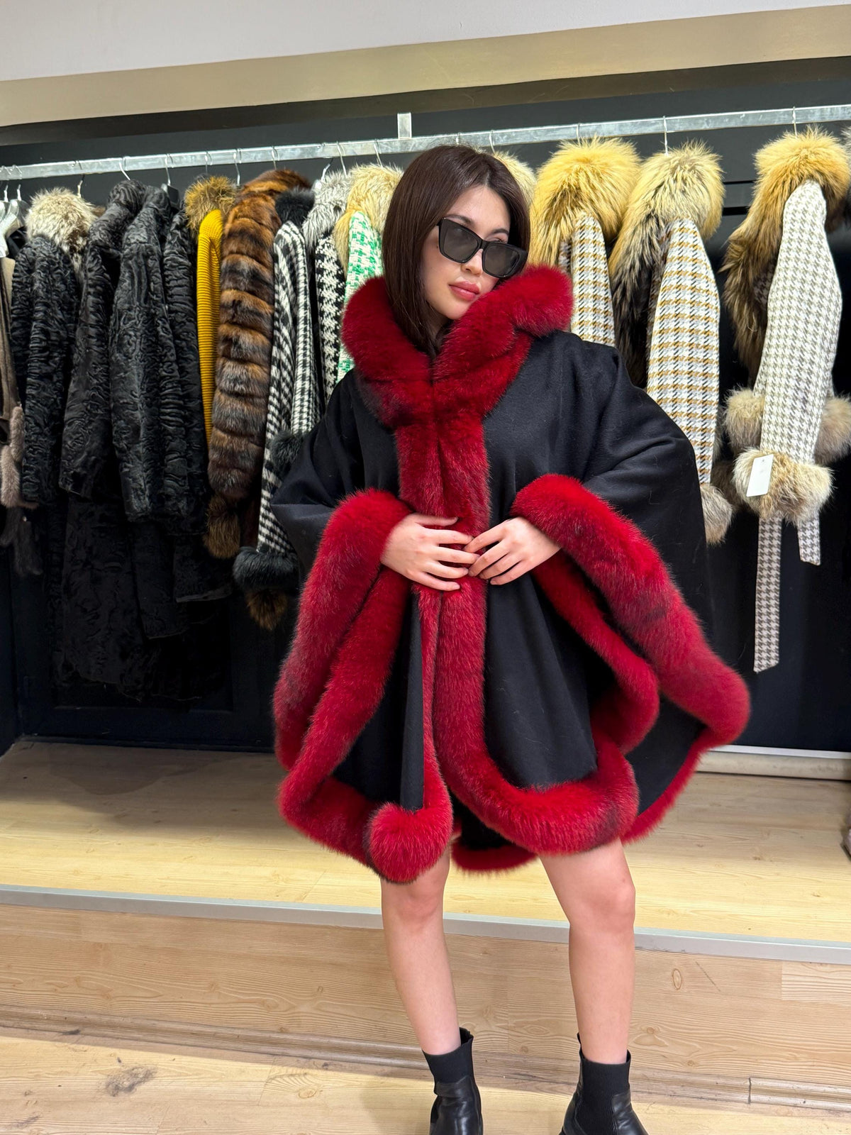 Black Wool Cashmere Cape Coat with Res Fox Fur Trim – Luxury Hooded Winter Wrap, Elegant Oversized Shawl Poncho, Red Fox Fur Cape