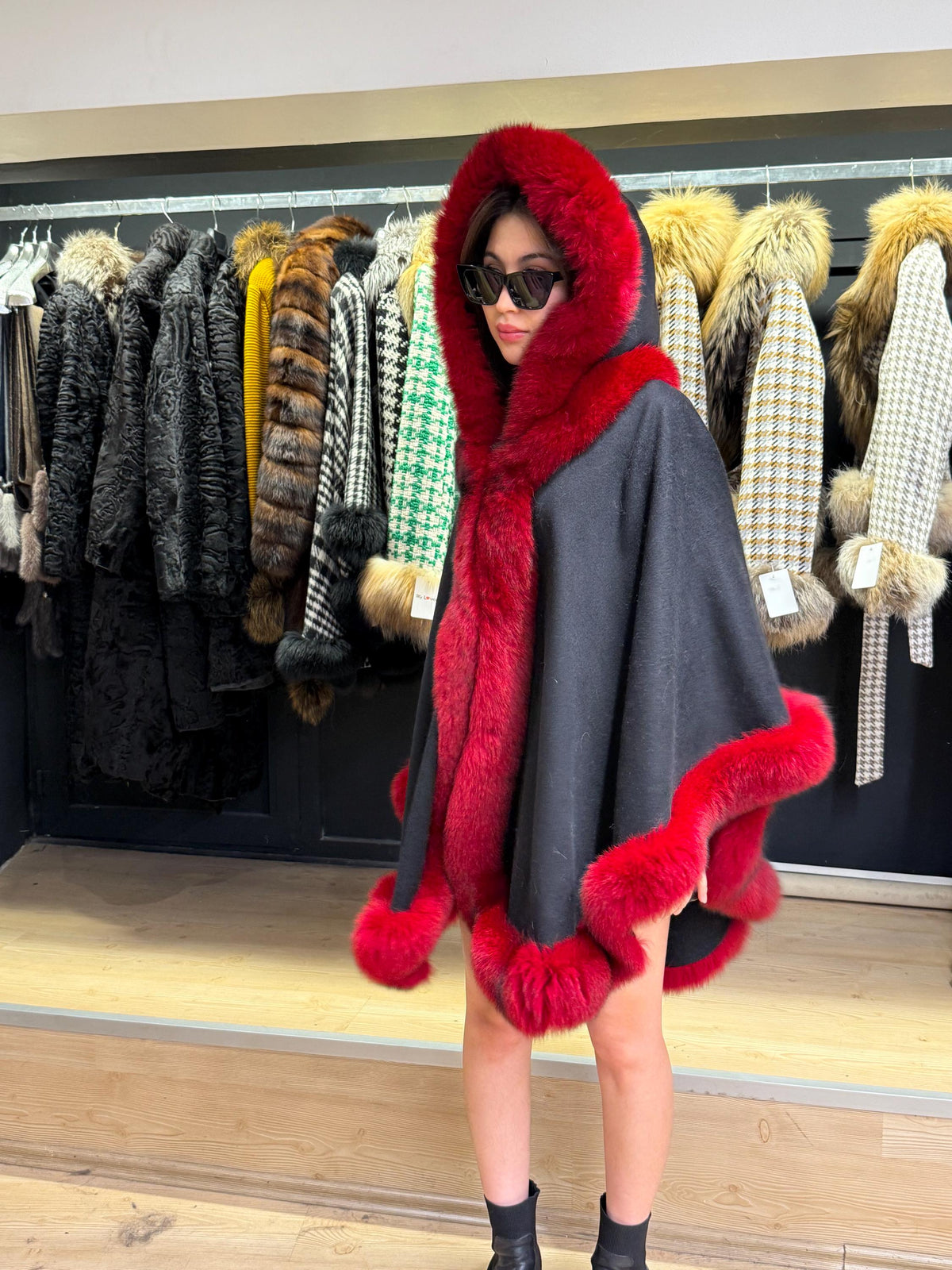 Black Wool Cashmere Cape Coat with Res Fox Fur Trim – Luxury Hooded Winter Wrap, Elegant Oversized Shawl Poncho, Red Fox Fur Cape