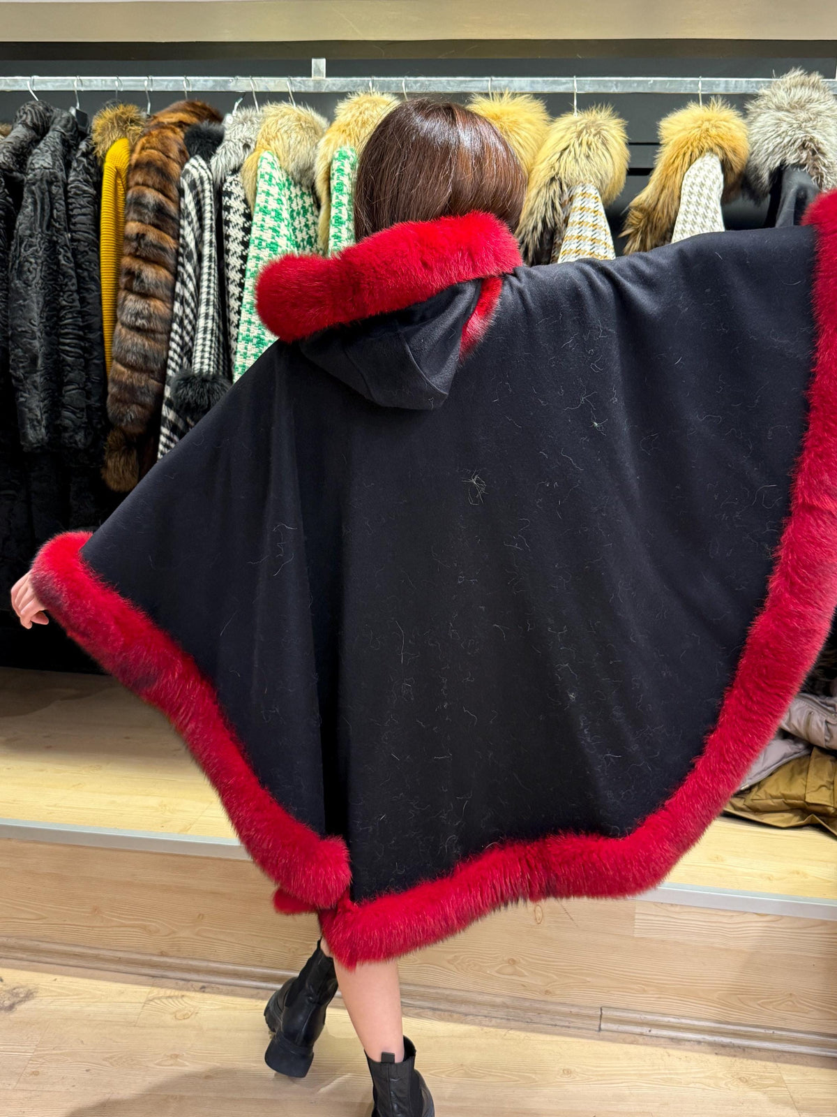 Black Wool Cashmere Cape Coat with Res Fox Fur Trim – Luxury Hooded Winter Wrap, Elegant Oversized Shawl Poncho, Red Fox Fur Cape