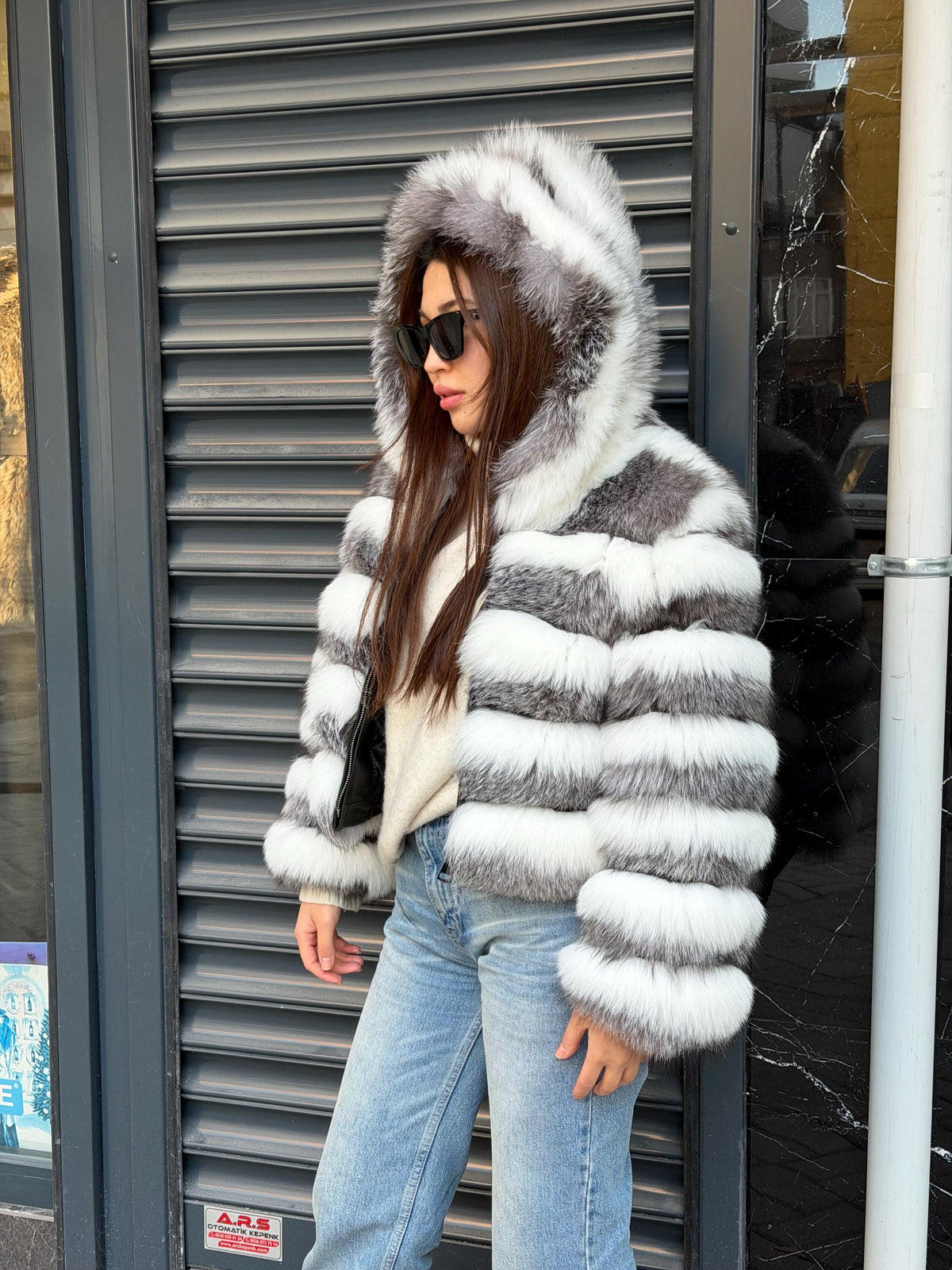 White & Silver Fox Fur Jacket. Hooded Arctic Fox Fur Coat. Short Fox Fur Jacket. Women Fox Fur Coat