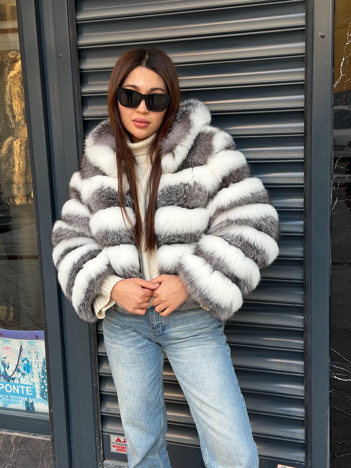White & Silver Fox Fur Jacket. Hooded Arctic Fox Fur Coat. Short Fox Fur Jacket. Women Fox Fur Coat