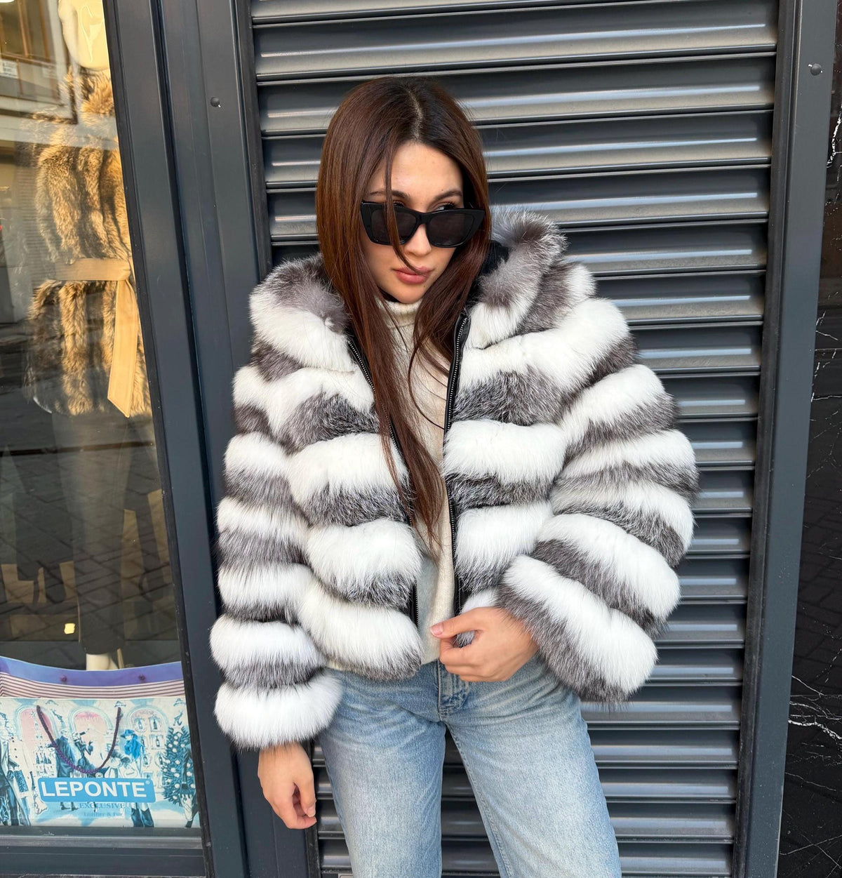 White & Silver Fox Fur Jacket. Hooded Arctic Fox Fur Coat. Short Fox Fur Jacket. Women Fox Fur Coat