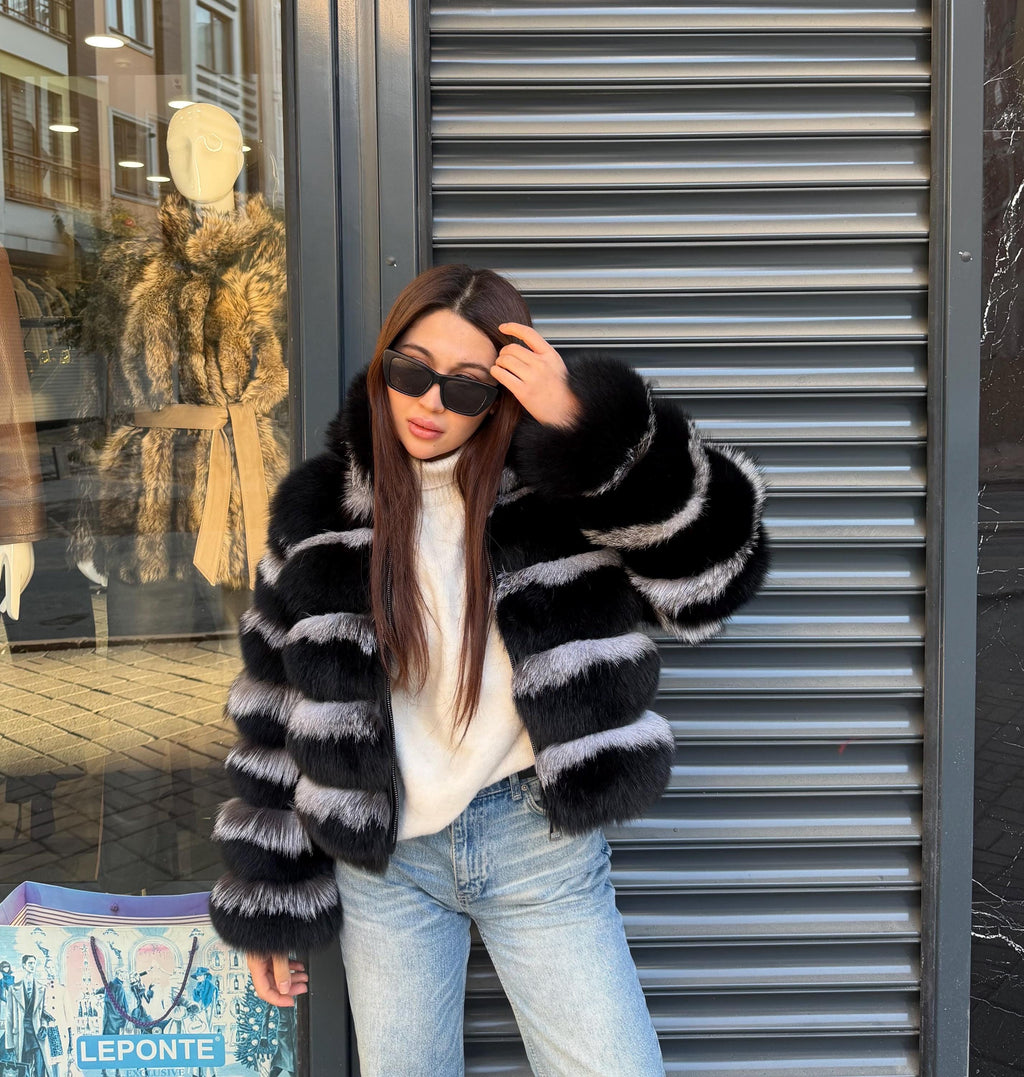 Black & Silver Fox Fur Jacket. Hooded Fox Fur Coat. Short Fox Fur Jacket. Women Fox Fur Coat