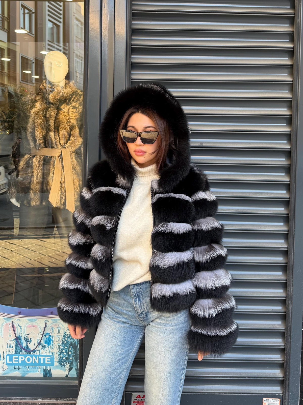 Black & Silver Fox Fur Jacket. Hooded Fox Fur Coat. Short Fox Fur Jacket. Women Fox Fur Coat