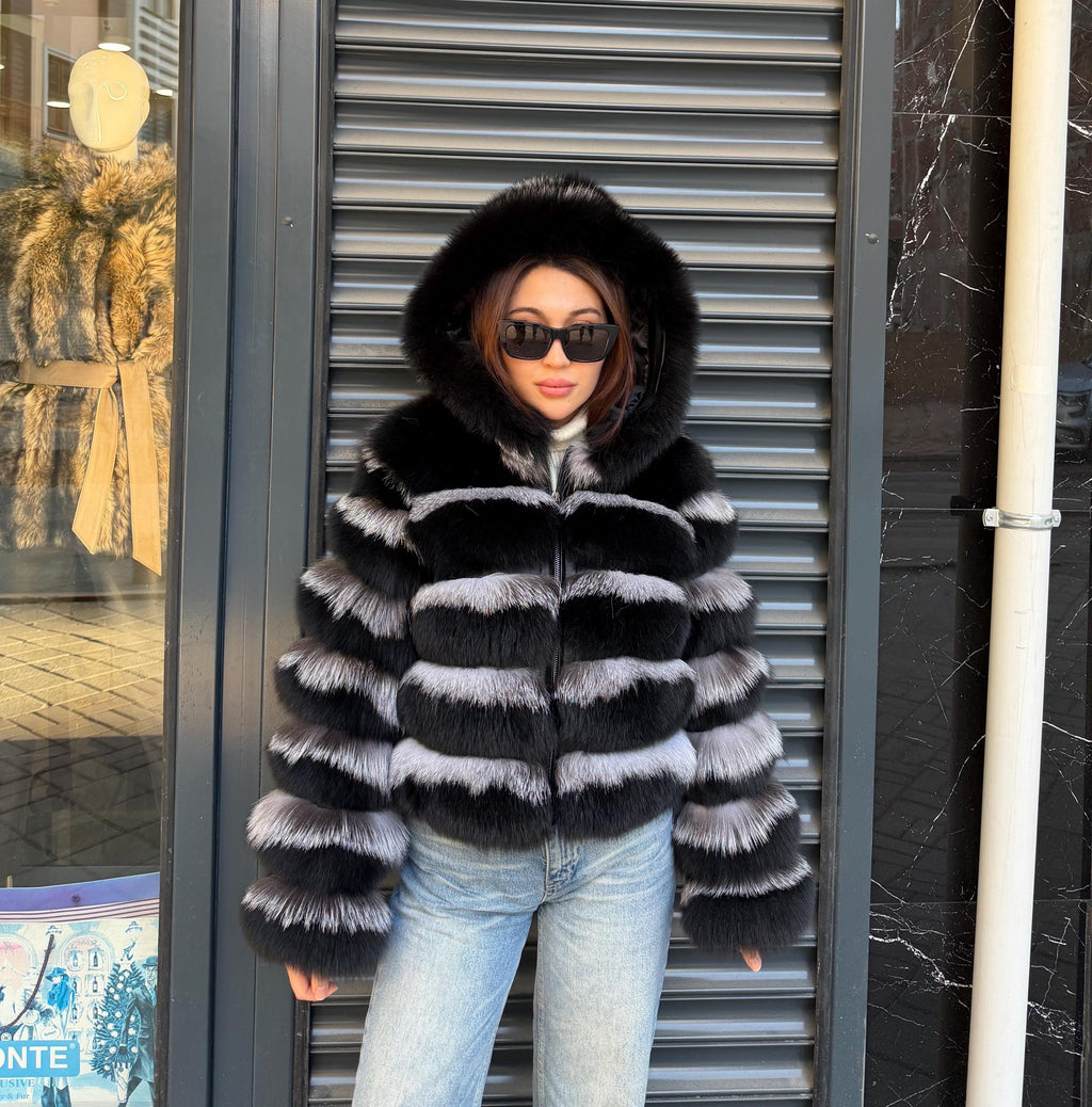 Black & Silver Fox Fur Jacket. Hooded Fox Fur Coat. Short Fox Fur Jacket. Women Fox Fur Coat