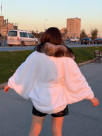Luxury White Faux Mink Fur Cape with Real Fox Fur Collar | Elegant Women’s Winter Fox Fur Trim Coat