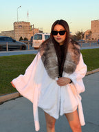 Luxury White Faux Mink Fur Cape with Real Fox Fur Collar | Elegant Women’s Winter Fox Fur Trim Coat