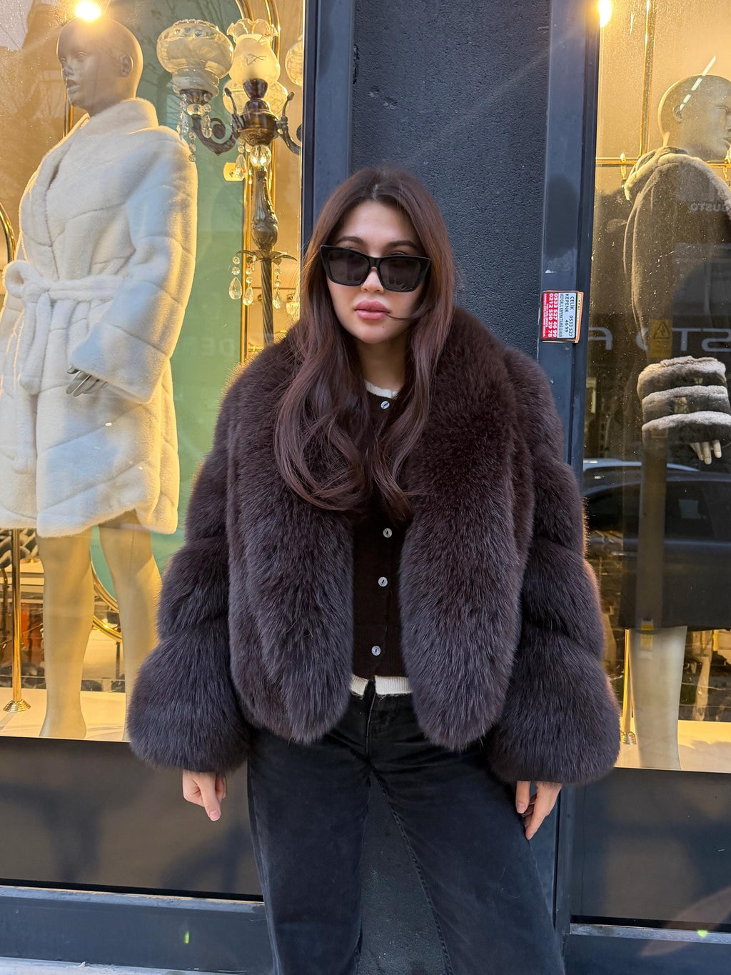 Brown Fox Fur Jacket: Short Shawl Collar Fox Fur Jacket