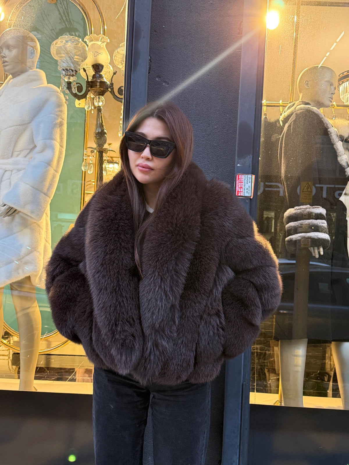 Brown Fox Fur Jacket: Short Shawl Collar Fox Fur Jacket