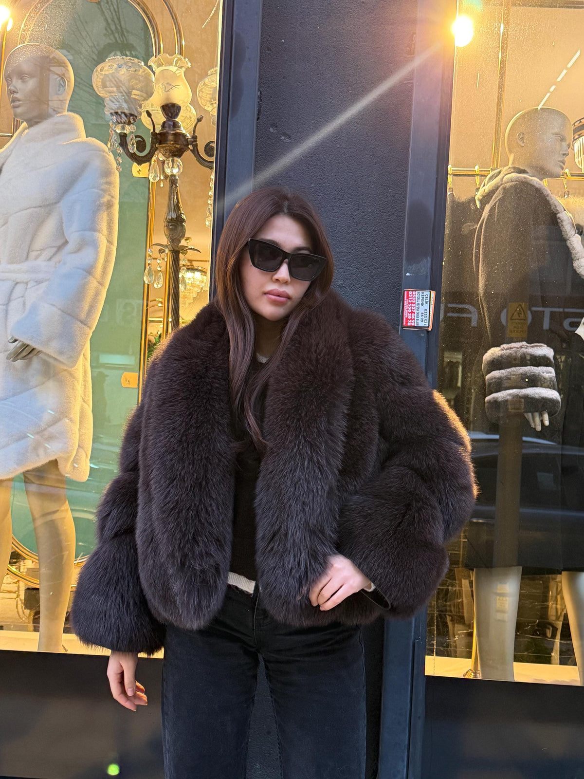 Brown Fox Fur Jacket: Short Shawl Collar Fox Fur Jacket