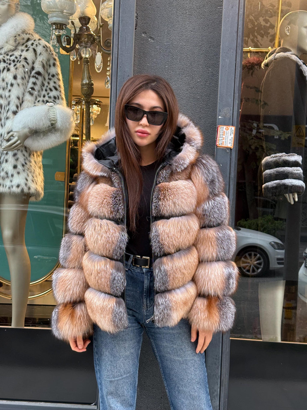 Genuine Fox Fur Jacket. Detachable Hood & Sleeves, Handmade Fox Fur Coat. Women Frost Fox Fur Coat