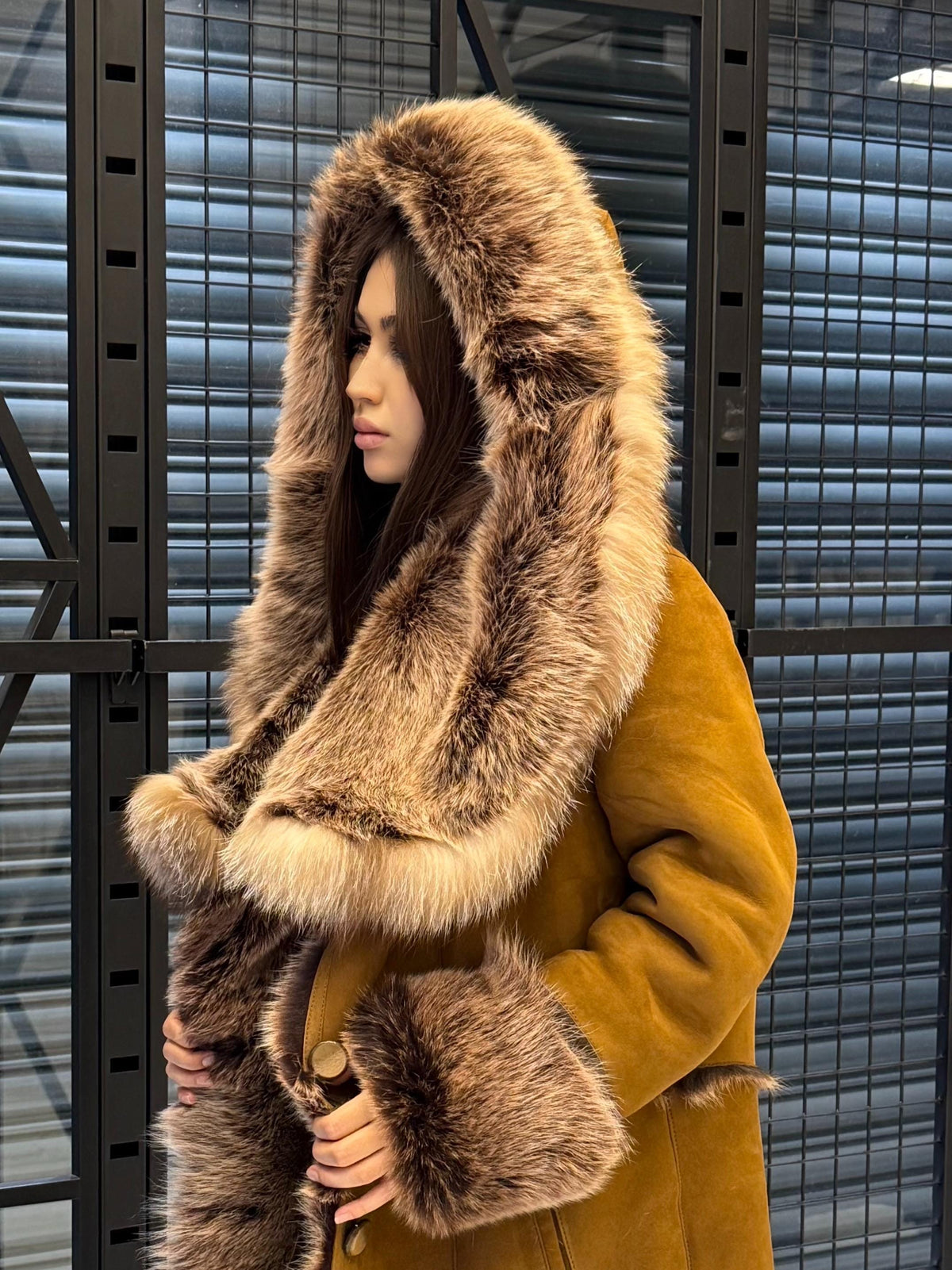 Long Whiskey Brown Toscana Shearling Coat. Hooded Baby Toscana Suede Fur Coat. Full Length Shearling Coat