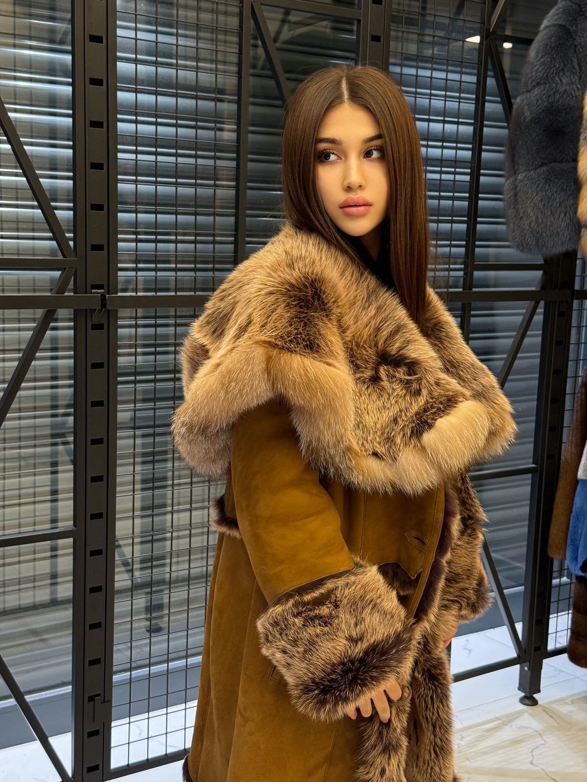 Long Whiskey Brown Toscana Shearling Coat. Hooded Baby Toscana Suede Fur Coat. Full Length Shearling Coat