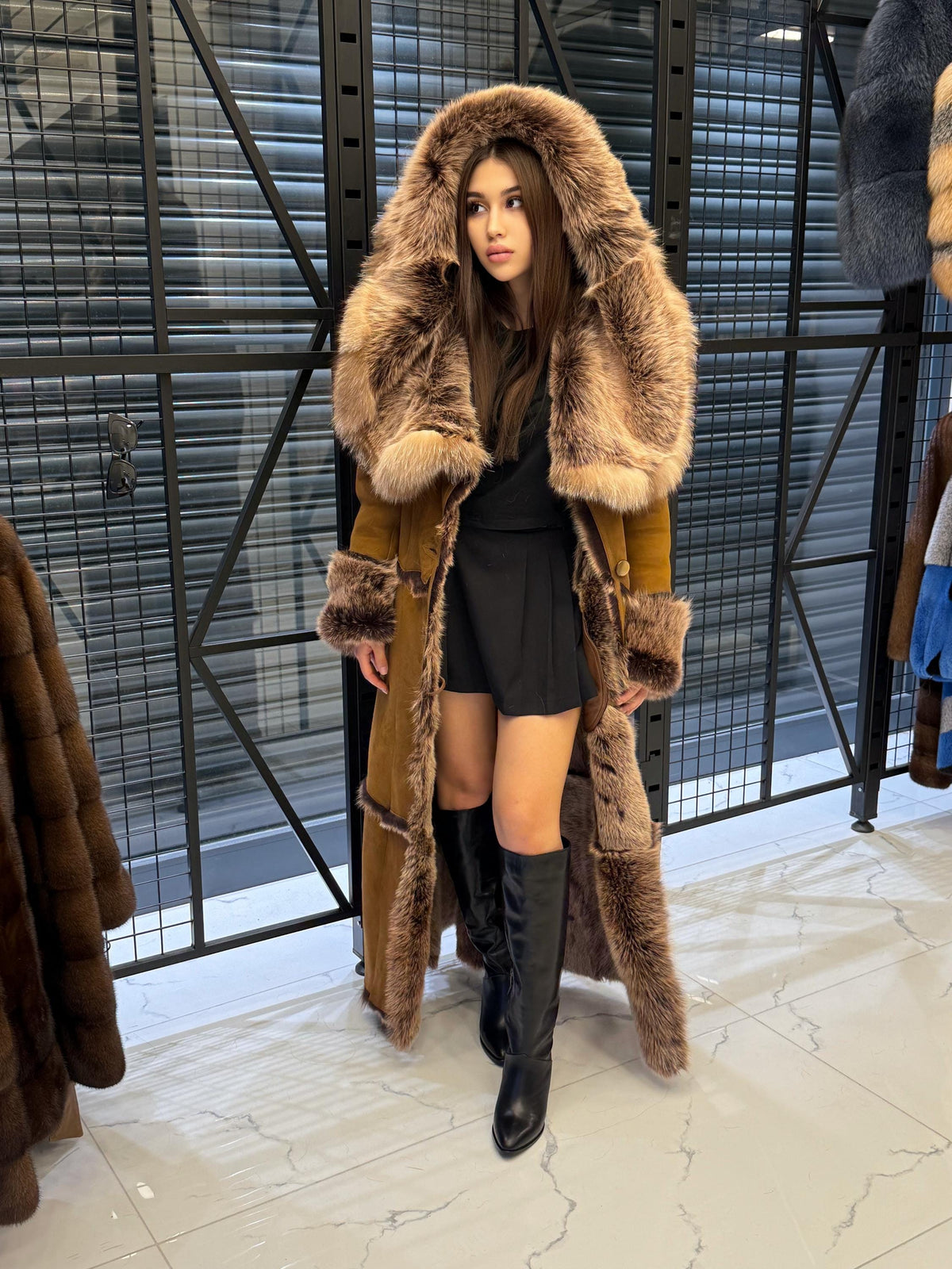 Long Whiskey Brown Toscana Shearling Coat. Hooded Baby Toscana Suede Fur Coat. Full Length Shearling Coat