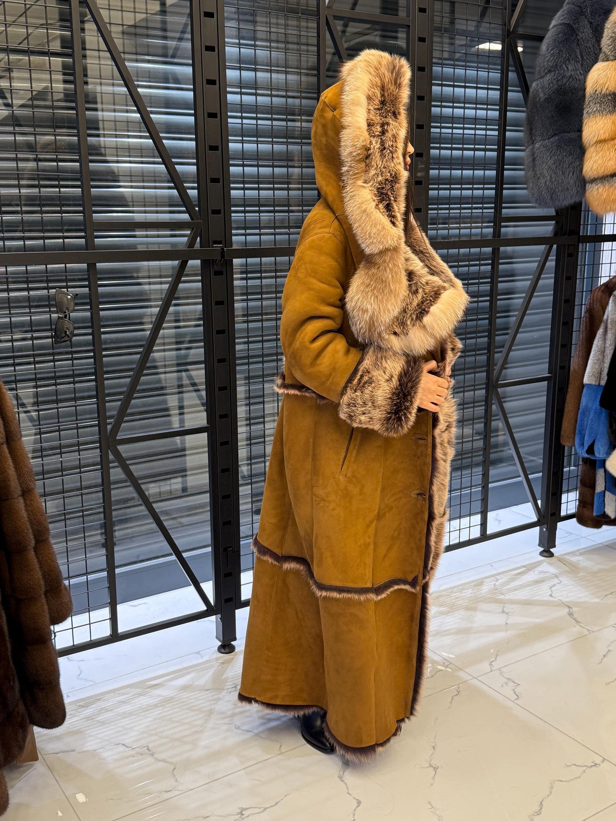 Long Whiskey Brown Toscana Shearling Coat. Hooded Baby Toscana Suede Fur Coat. Full Length Shearling Coat