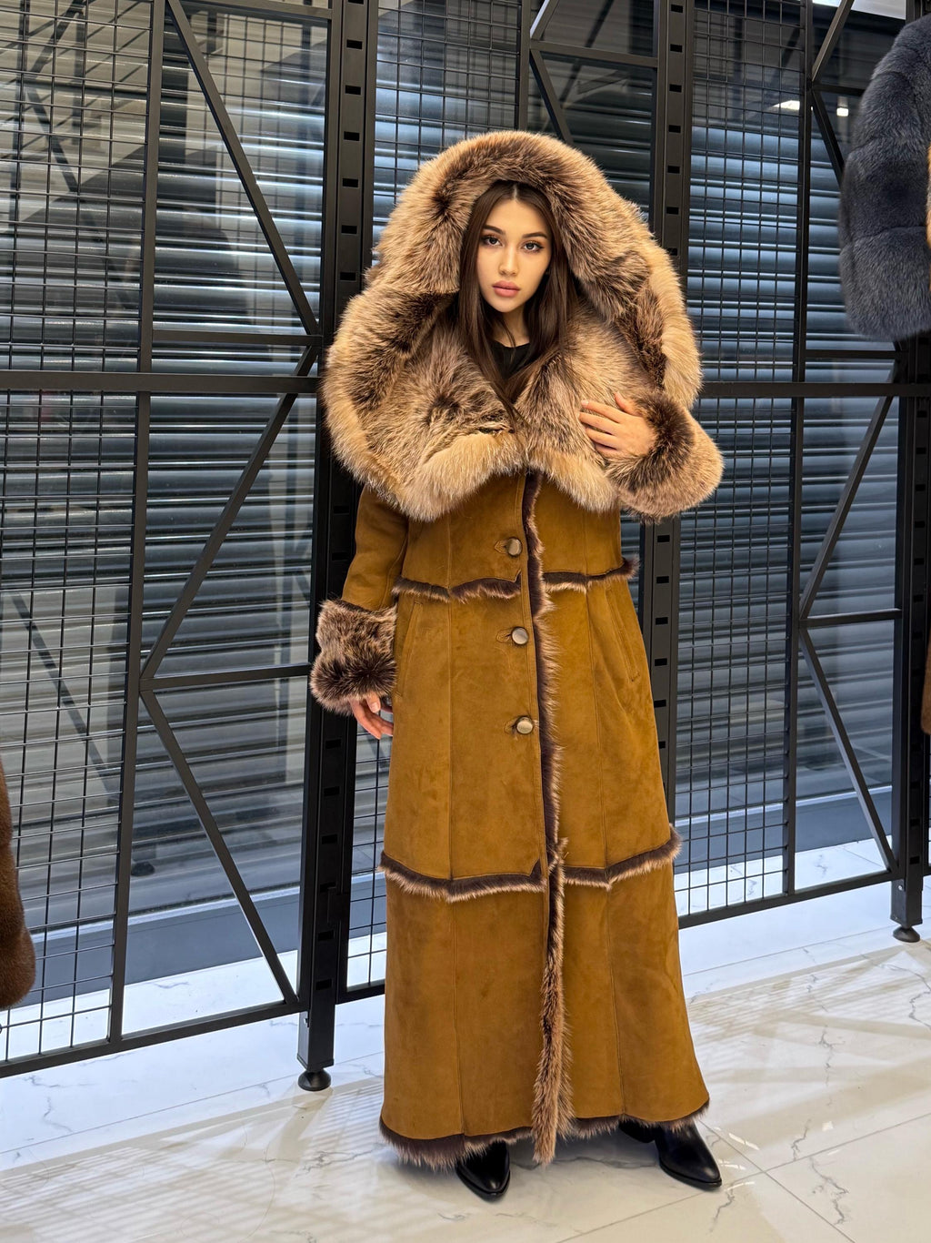 Long Whiskey Brown Toscana Shearling Coat. Hooded Baby Toscana Suede Fur Coat. Full Length Shearling Coat