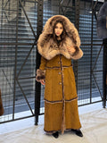 Long Whiskey Brown Toscana Shearling Coat. Hooded Baby Toscana Suede Fur Coat. Full Length Shearling Coat