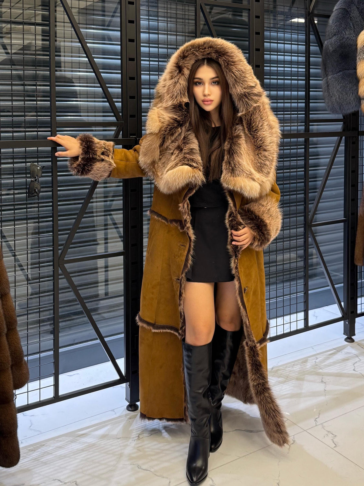 Long Whiskey Brown Toscana Shearling Coat. Hooded Baby Toscana Suede Fur Coat. Full Length Shearling Coat