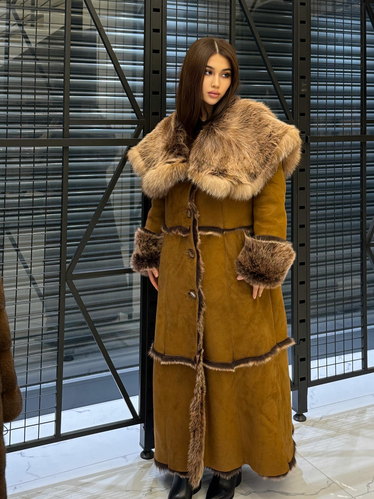 Long Whiskey Brown Toscana Shearling Coat. Hooded Baby Toscana Suede Fur Coat. Full Length Shearling Coat