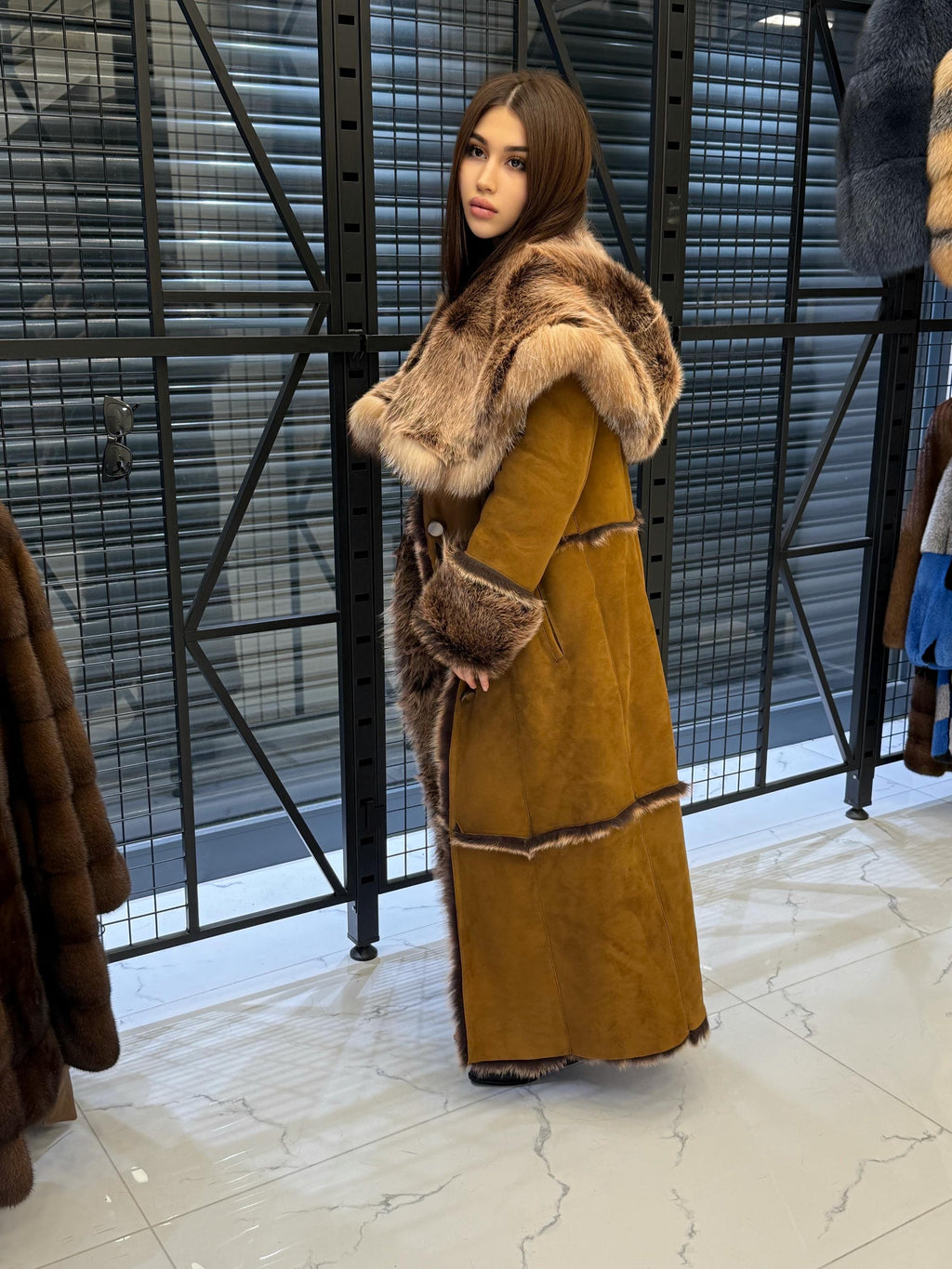 Long Whiskey Brown Toscana Shearling Coat. Hooded Baby Toscana Suede Fur Coat. Full Length Shearling Coat