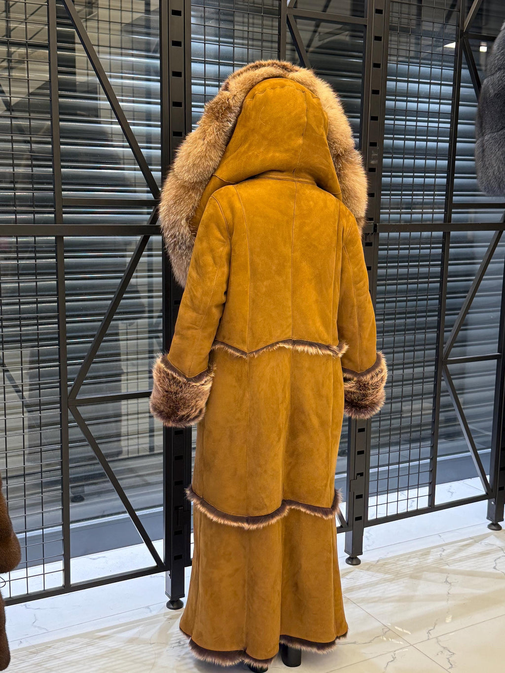 Long Whiskey Brown Toscana Shearling Coat. Hooded Baby Toscana Suede Fur Coat. Full Length Shearling Coat