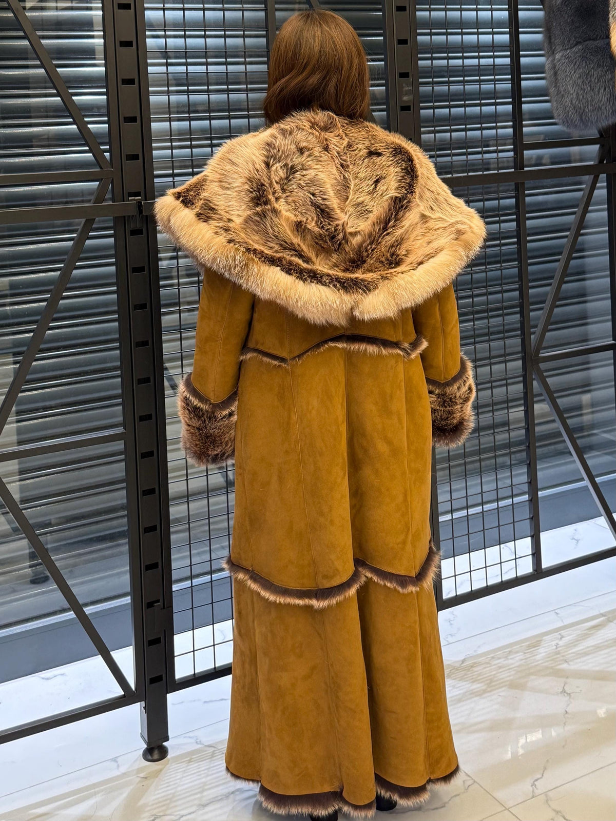 Long Whiskey Brown Toscana Shearling Coat. Hooded Baby Toscana Suede Fur Coat. Full Length Shearling Coat