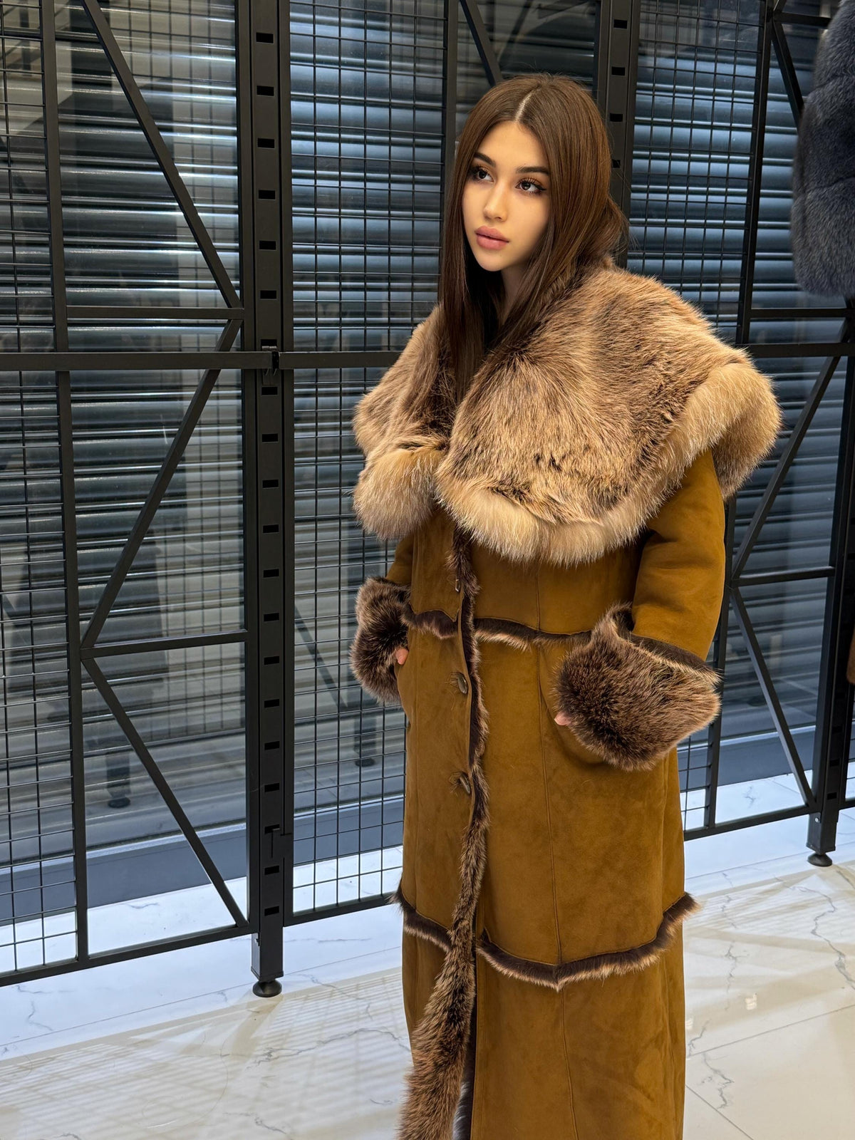 Long Whiskey Brown Toscana Shearling Coat. Hooded Baby Toscana Suede Fur Coat. Full Length Shearling Coat