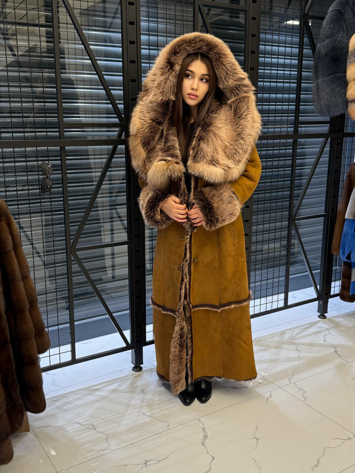 Long Whiskey Brown Toscana Shearling Coat. Hooded Baby Toscana Suede Fur Coat. Full Length Shearling Coat