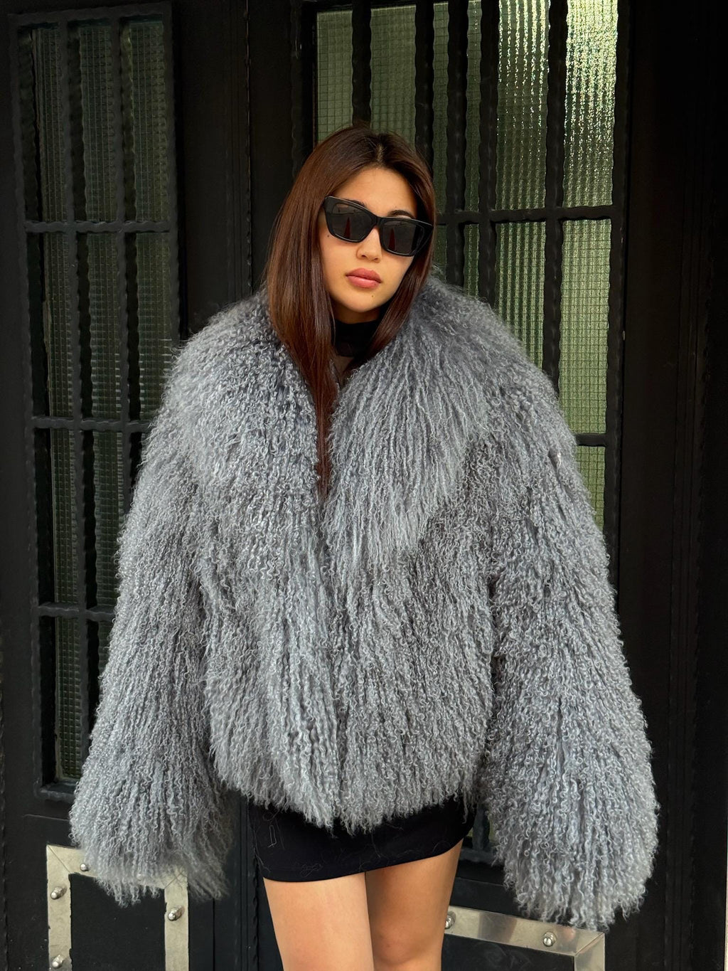Women’s Gray Tibetan Fur Coat, Handmade Short Mongolian Shaggy Lamb Fur Jacket, Silver Lamb Fur Coat