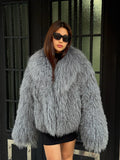 Women’s Gray Tibetan Fur Coat, Handmade Short Mongolian Shaggy Lamb Fur Jacket, Silver Lamb Fur Coat
