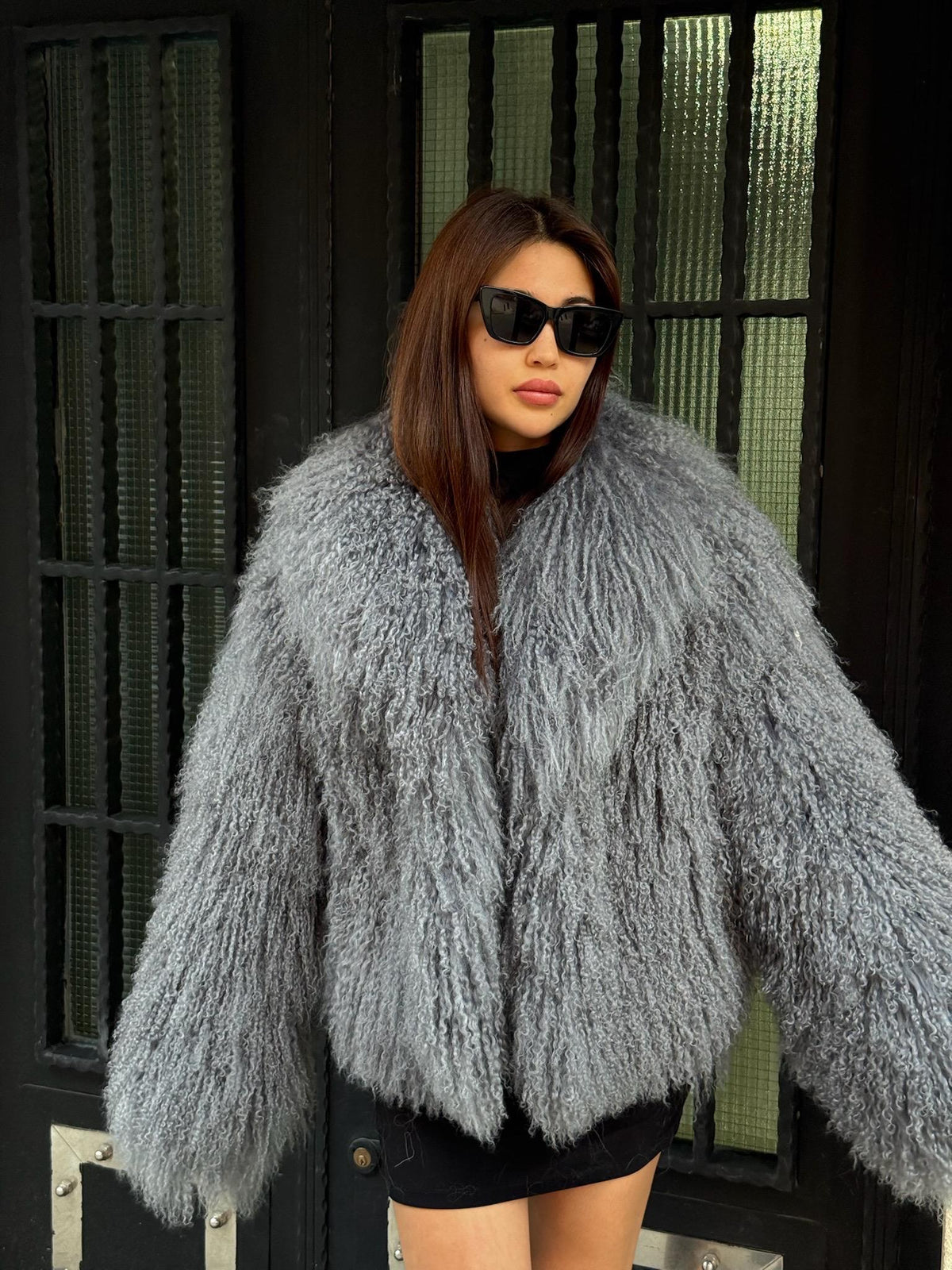 Women’s Gray Tibetan Fur Coat, Handmade Short Mongolian Shaggy Lamb Fur Jacket, Silver Lamb Fur Coat
