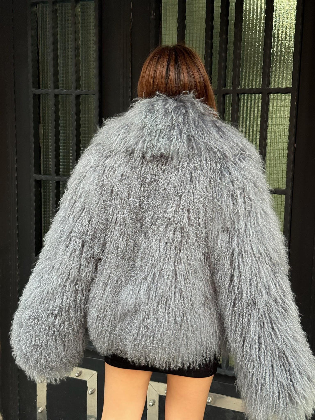 Women’s Gray Tibetan Fur Coat, Handmade Short Mongolian Shaggy Lamb Fur Jacket, Silver Lamb Fur Coat