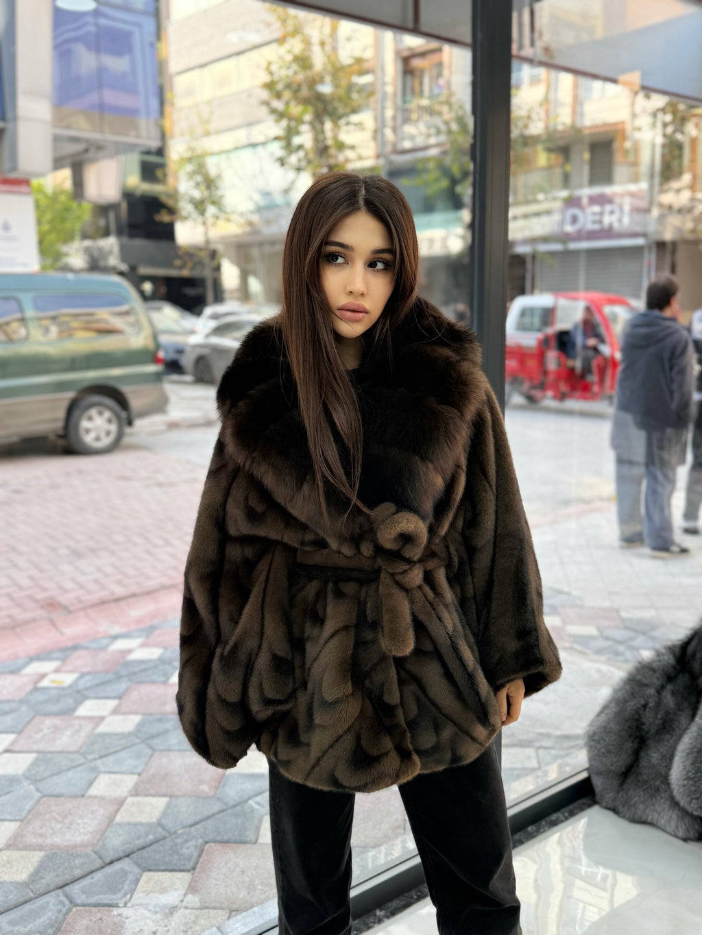 Brown Faux Mink Fur Cape With Fox Fur Trim. Collar Genuine Fox Fur Jacket