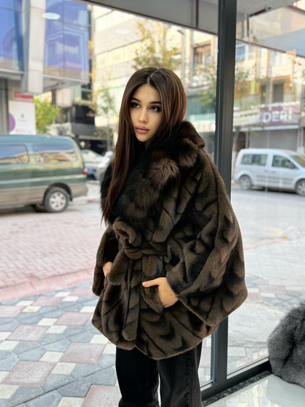Brown Faux Mink Fur Cape With Fox Fur Trim. Collar Genuine Fox Fur Jacket
