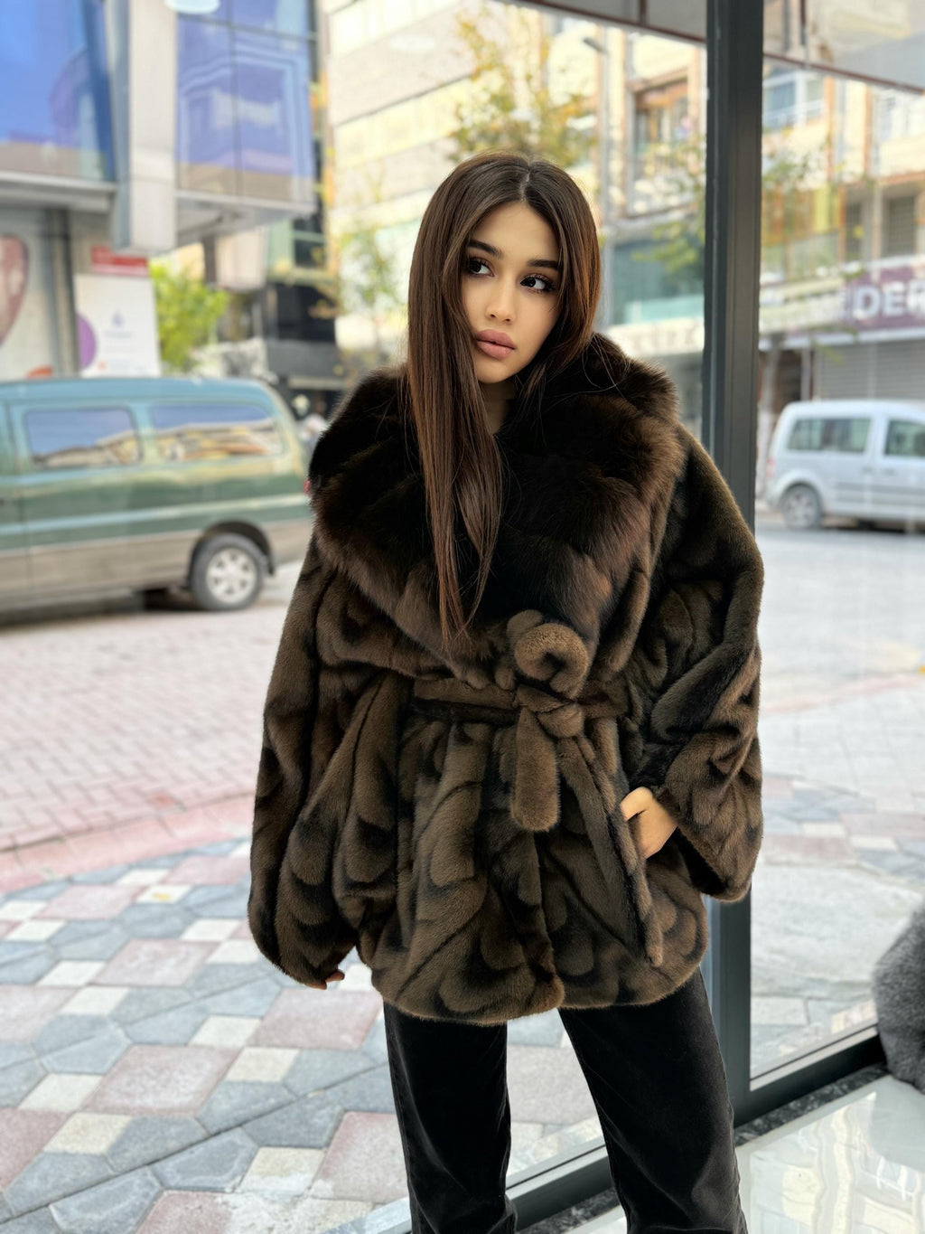 Brown Faux Mink Fur Cape With Fox Fur Trim. Collar Genuine Fox Fur Jacket