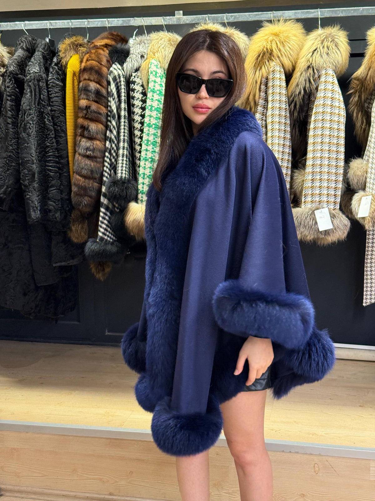Navy Blue Wool Cashmere Cape with Fox Fur Trim – Luxury Winter Wrap, Elegant Oversized Shawl. Fox Fur Jacket. Blue Fox Fur Coat