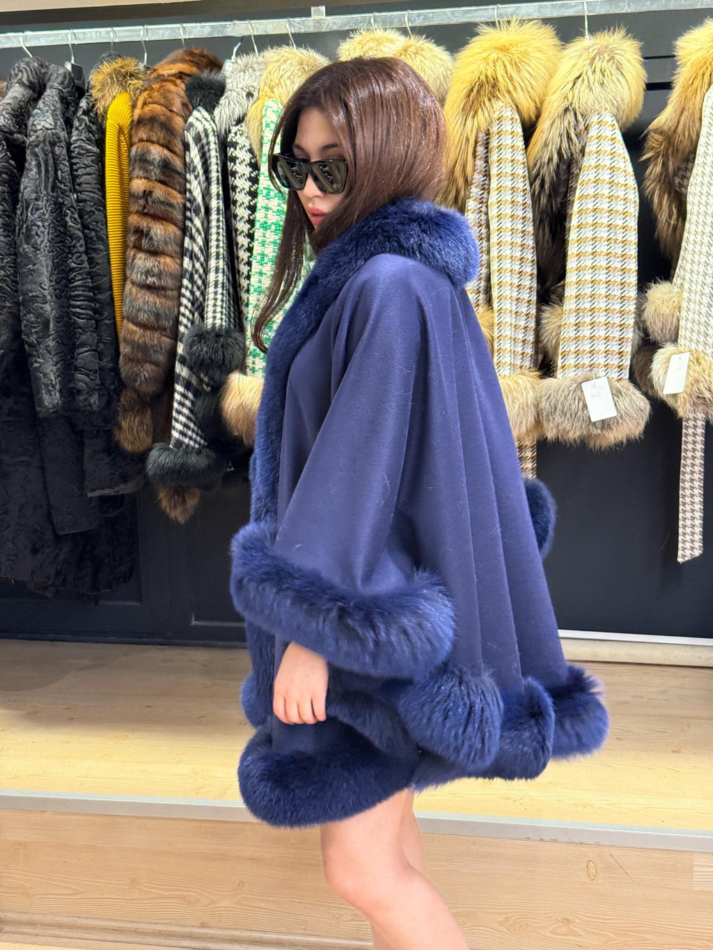 Navy Blue Wool Cashmere Cape with Fox Fur Trim – Luxury Winter Wrap, Elegant Oversized Shawl. Fox Fur Jacket. Blue Fox Fur Coat