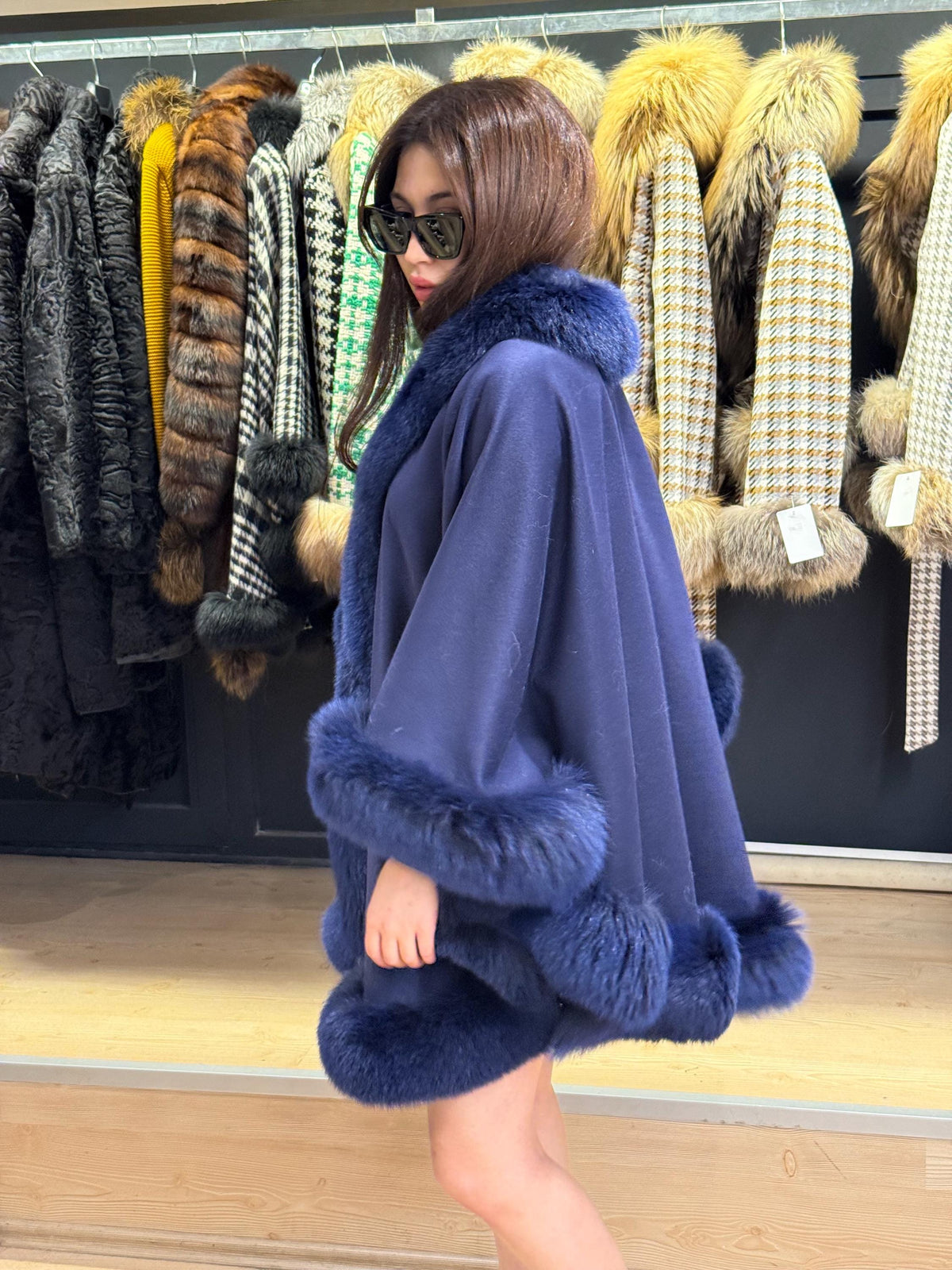 Navy Blue Wool Cashmere Cape with Fox Fur Trim – Luxury Winter Wrap, Elegant Oversized Shawl. Fox Fur Jacket. Blue Fox Fur Coat