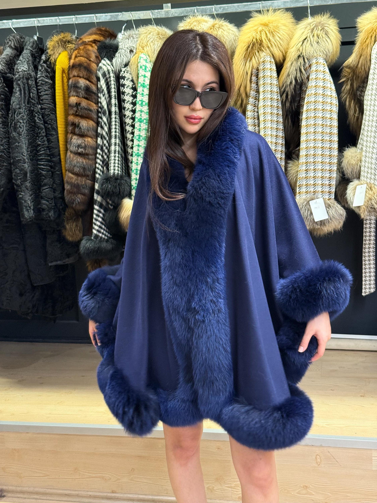 Navy Blue Wool Cashmere Cape with Fox Fur Trim – Luxury Winter Wrap, Elegant Oversized Shawl. Fox Fur Jacket. Blue Fox Fur Coat