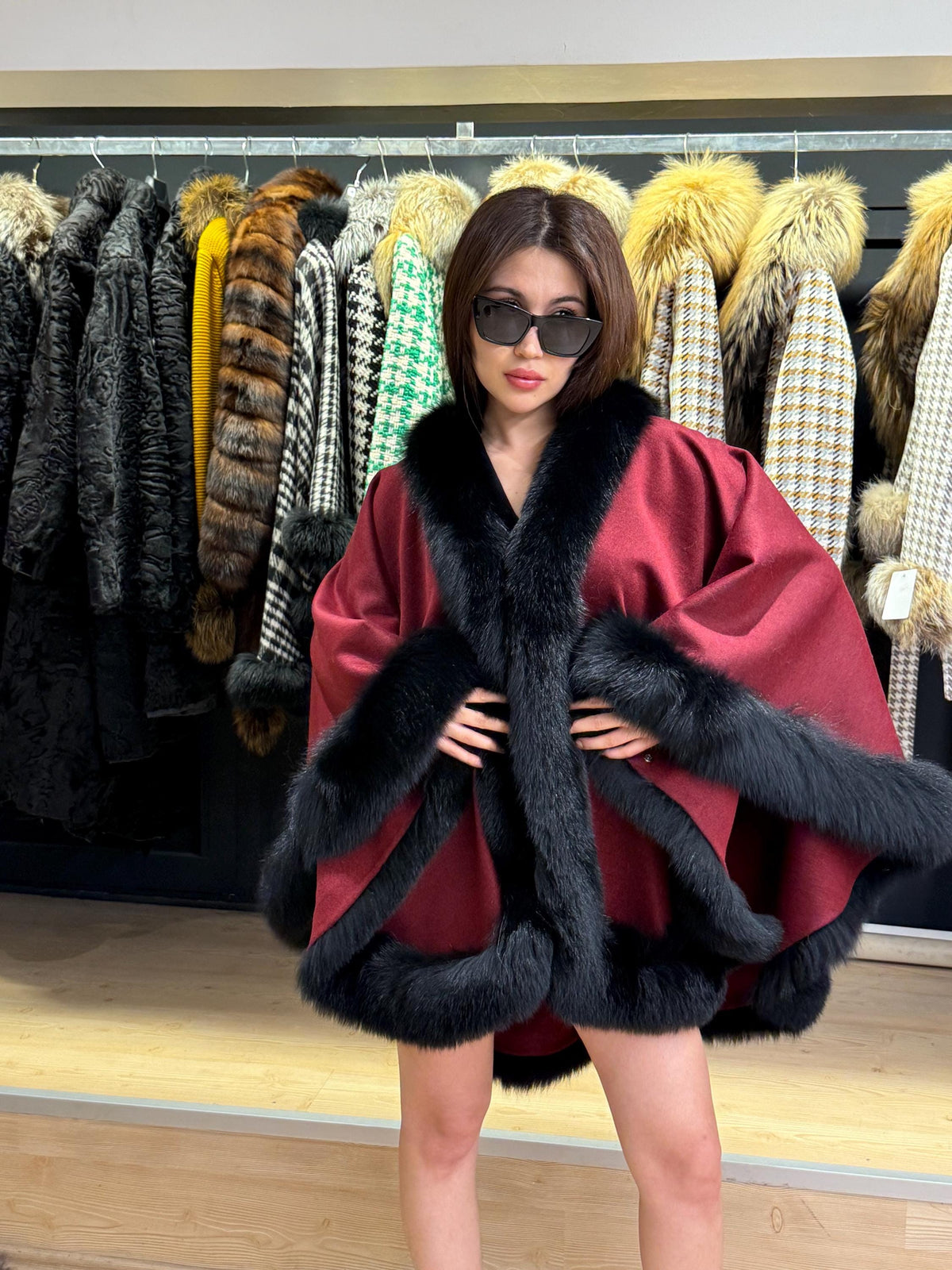 Burgundy Cashmere Cape with Fox Fur Trim: Wool Shawl With fox Fur. Front Skirt- Fox Fur Jacket. Burgundy Fox Fur Jacket. Fox Fur Cape