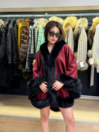 Burgundy Cashmere Cape with Fox Fur Trim: Wool Shawl With fox Fur. Front Skirt- Fox Fur Jacket. Burgundy Fox Fur Jacket. Fox Fur Cape
