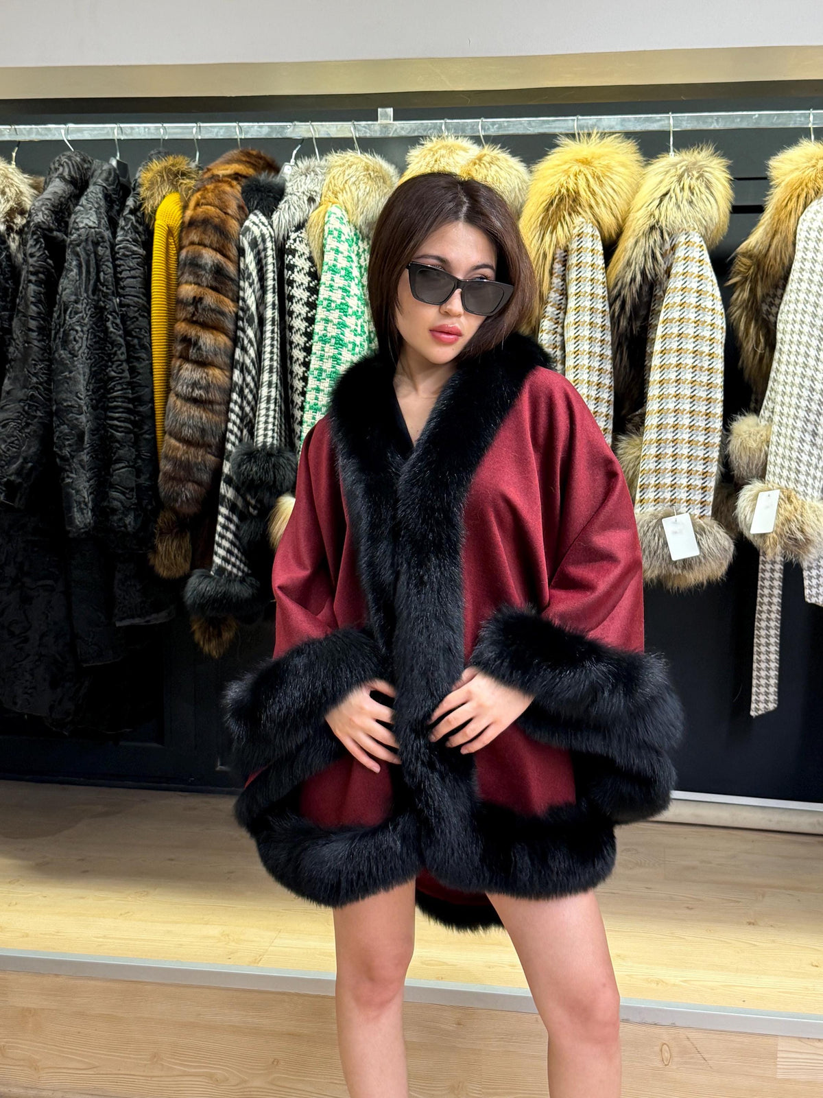 Burgundy Cashmere Cape with Fox Fur Trim: Wool Shawl With fox Fur. Front Skirt- Fox Fur Jacket. Burgundy Fox Fur Jacket. Fox Fur Cape