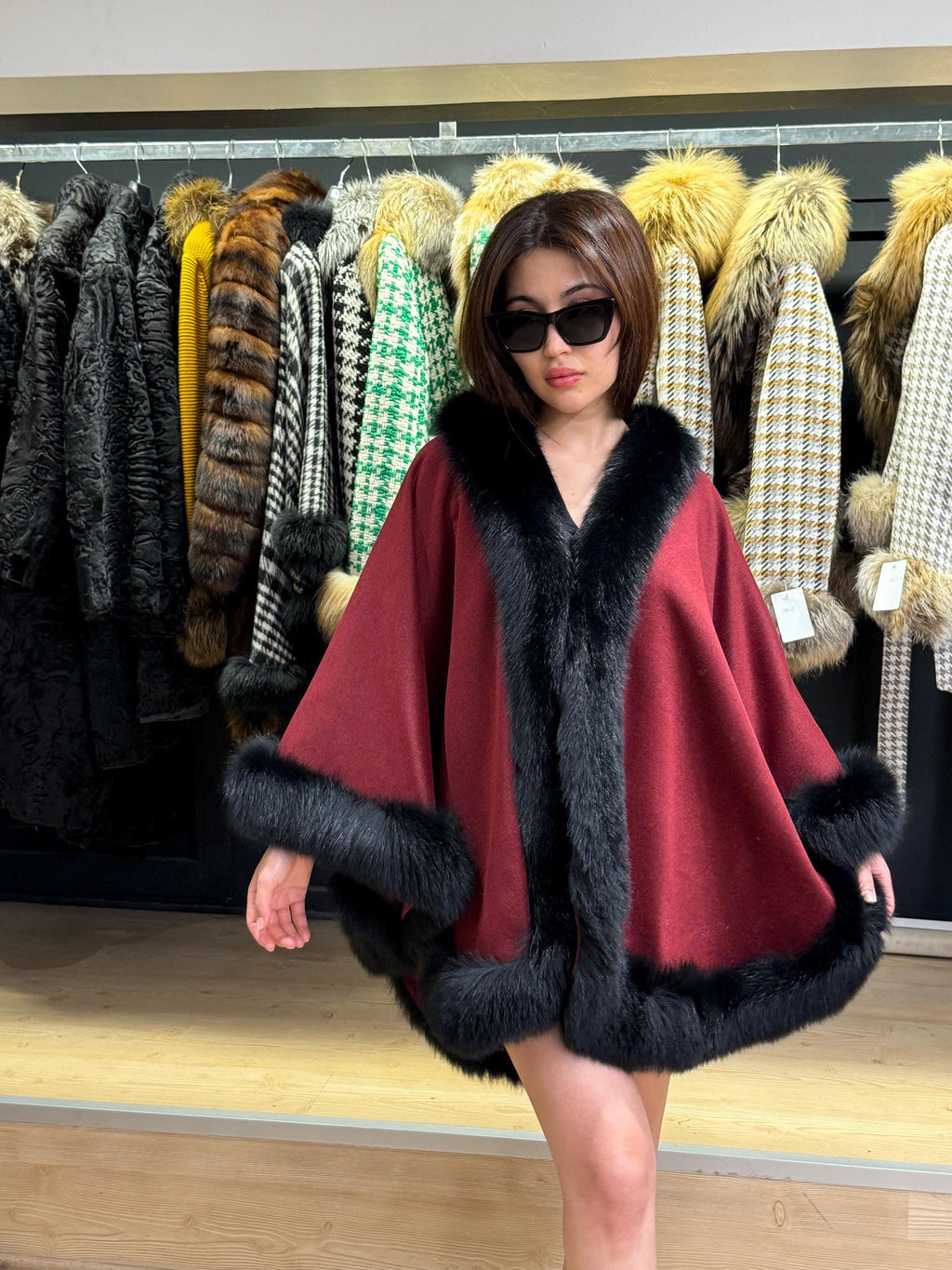 Burgundy Cashmere Cape with Fox Fur Trim: Wool Shawl With fox Fur. Front Skirt- Fox Fur Jacket. Burgundy Fox Fur Jacket. Fox Fur Cape