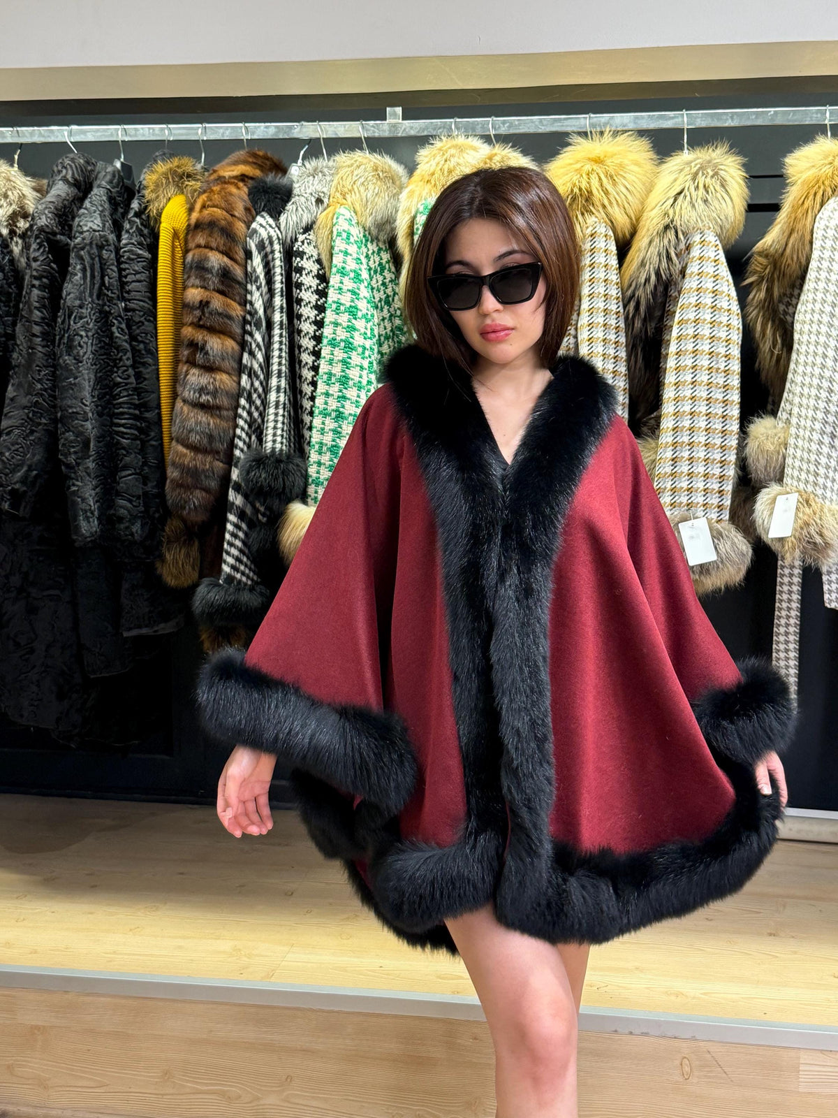 Burgundy Cashmere Cape with Fox Fur Trim: Wool Shawl With fox Fur. Front Skirt- Fox Fur Jacket. Burgundy Fox Fur Jacket. Fox Fur Cape