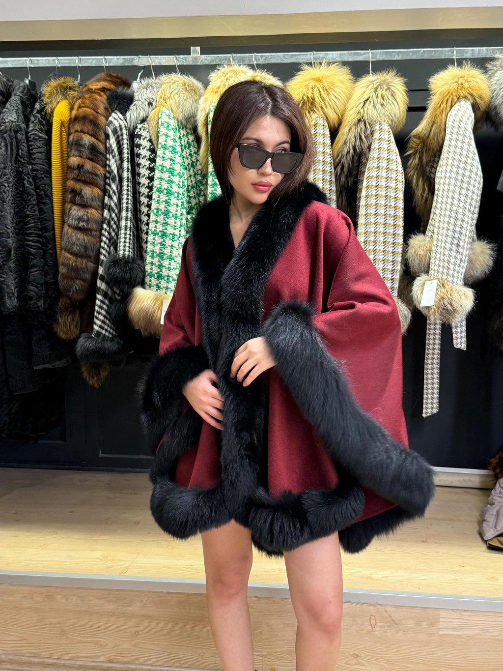 Burgundy Cashmere Cape with Fox Fur Trim: Wool Shawl With fox Fur. Front Skirt- Fox Fur Jacket. Burgundy Fox Fur Jacket. Fox Fur Cape