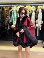 Burgundy Cashmere Cape with Fox Fur Trim: Wool Shawl With fox Fur. Front Skirt- Fox Fur Jacket. Burgundy Fox Fur Jacket. Fox Fur Cape