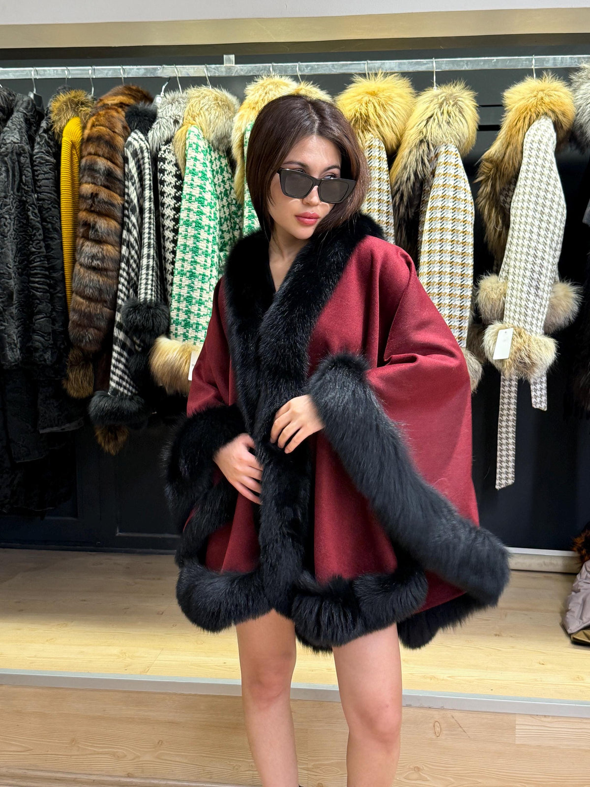 Burgundy Cashmere Cape with Fox Fur Trim: Wool Shawl With fox Fur. Front Skirt- Fox Fur Jacket. Burgundy Fox Fur Jacket. Fox Fur Cape